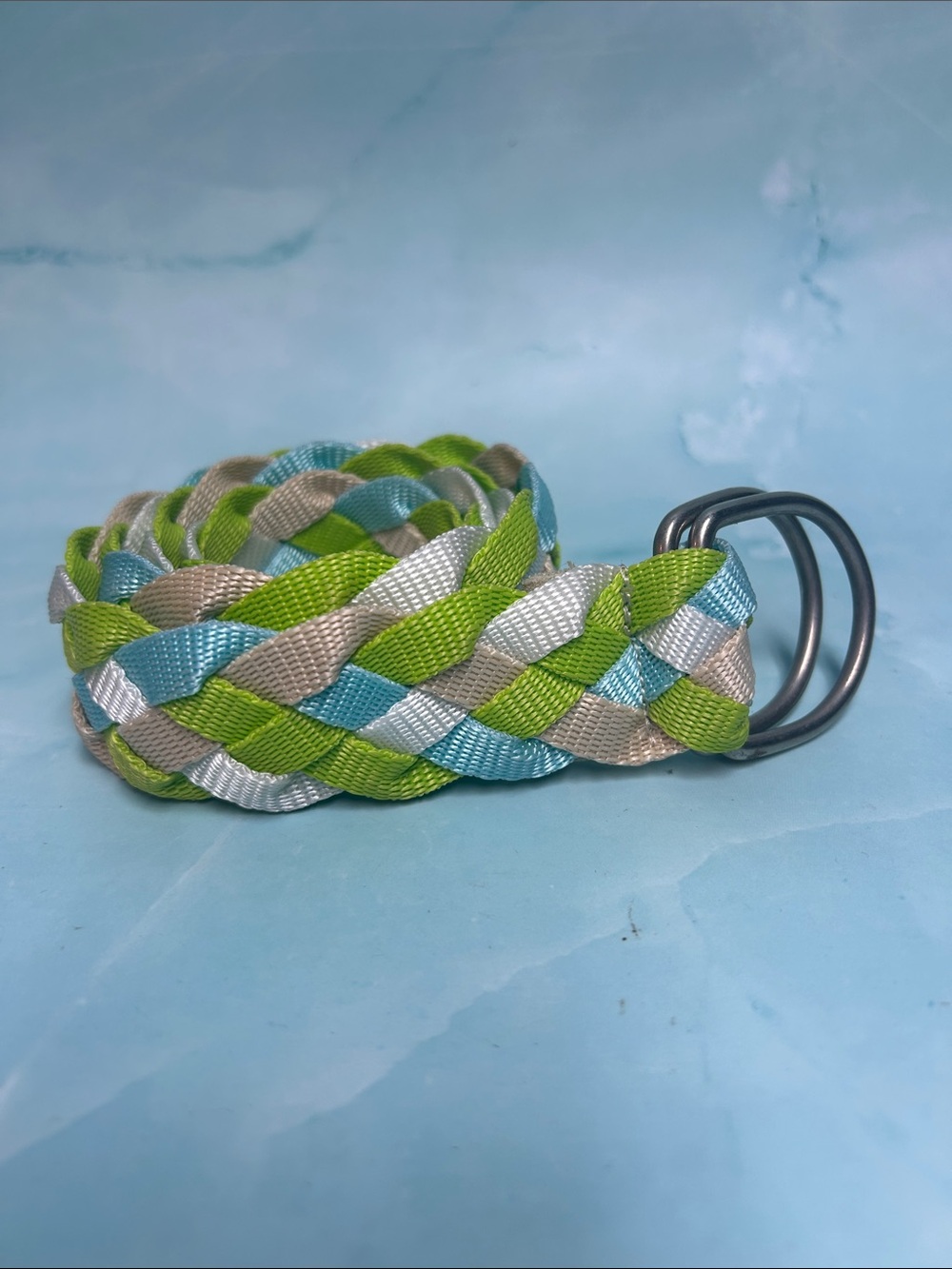 Braided Ribbon D-Ring Belt in Lime, Aqua & Silver